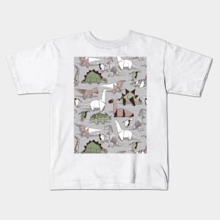 Origami dino friends // pattern // grey linen texture background green white and beige dinosaurs Kids T-Shirt